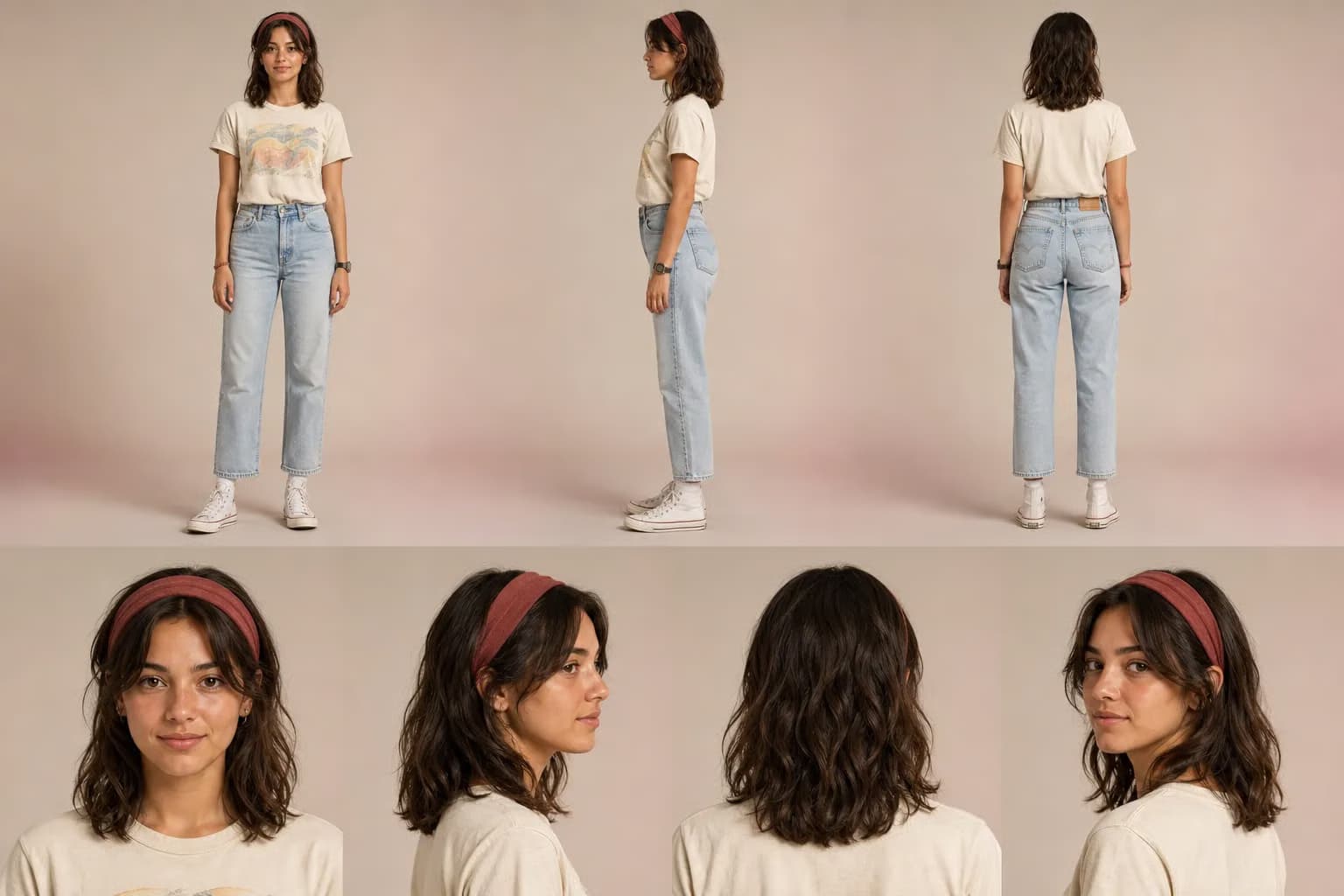 Character sheet — front, side and back, with head angles