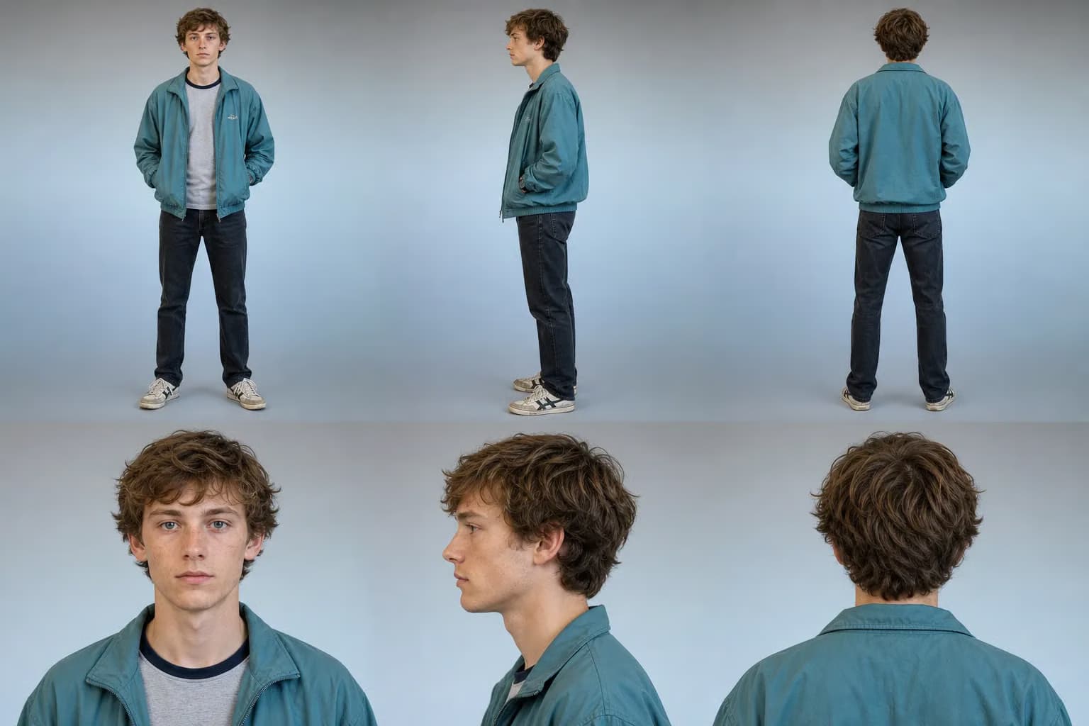 Character sheet — front, side and back, with head angles